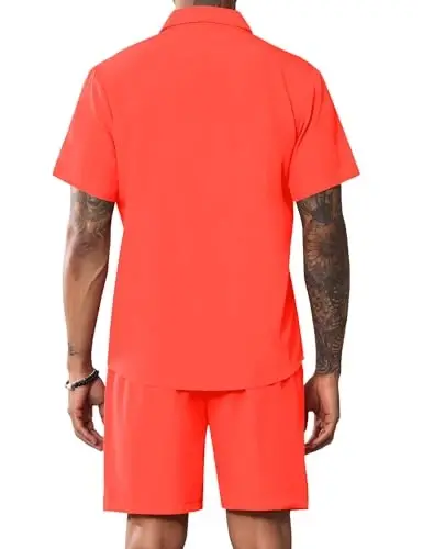 LecGee Men Summer Casual Short Sets Solid Short Sleeve Pocket Button Down Shirt Elastic Shorts 2 Piece Outfits Tracksuit - 3