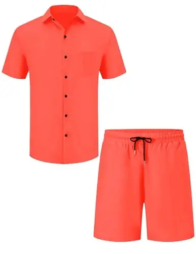 LecGee Men Summer Casual Short Sets Solid Short Sleeve Pocket Button Down Shirt Elastic Shorts 2 Piece Outfits Tracksuit - 4