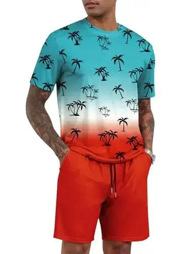 LecGee Men's 2 Piece Short Sleeve Tracksuit Tropical Graphic T Shirt Hawaiian Tee Solid Shorts Set Summer Casual Outfits - LecGee