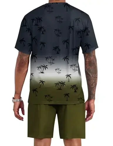 LecGee Men's 2 Piece Short Sleeve Tracksuit Tropical Graphic T Shirt Hawaiian Tee Solid Shorts Set Summer Casual Outfits - 3
