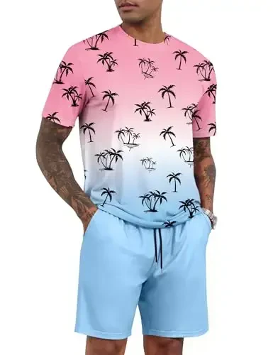 LecGee Men's 2 Piece Short Sleeve Tracksuit Tropical Graphic T Shirt Hawaiian Tee Solid Shorts Set Summer Casual Outfits - LecGee