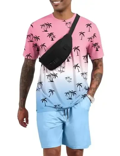 LecGee Men's 2 Piece Short Sleeve Tracksuit Tropical Graphic T Shirt Hawaiian Tee Solid Shorts Set Summer Casual Outfits - LecGee (1)