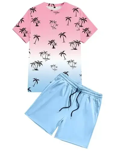 LecGee Men's 2 Piece Short Sleeve Tracksuit Tropical Graphic T Shirt Hawaiian Tee Solid Shorts Set Summer Casual Outfits - 4