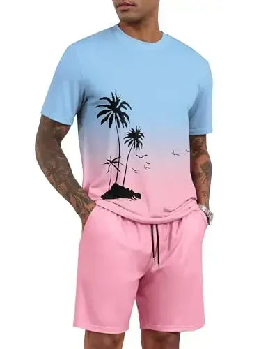 LecGee Men's 2 Piece Short Sleeve Tracksuit Tropical Graphic T Shirt Hawaiian Tee Solid Shorts Set Summer Casual Outfits 