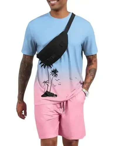 LecGee Men's 2 Piece Short Sleeve Tracksuit Tropical Graphic T Shirt Hawaiian Tee Solid Shorts Set Summer Casual Outfits - MODAZONE (1)