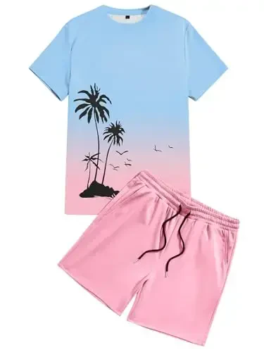 LecGee Men's 2 Piece Short Sleeve Tracksuit Tropical Graphic T Shirt Hawaiian Tee Solid Shorts Set Summer Casual Outfits - 4