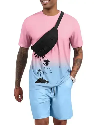LecGee Men's 2 Piece Short Sleeve Tracksuit Tropical Graphic T Shirt Hawaiian Tee Solid Shorts Set Summer Casual Outfits - 2