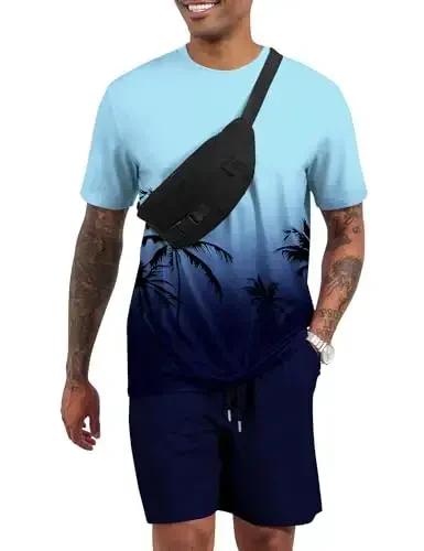 LecGee Men's 2 Piece Short Sleeve Tracksuit Tropical Graphic T Shirt Hawaiian Tee Solid Shorts Set Summer Casual Outfits - 2