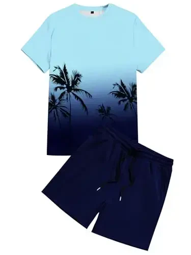 LecGee Men's 2 Piece Short Sleeve Tracksuit Tropical Graphic T Shirt Hawaiian Tee Solid Shorts Set Summer Casual Outfits - 4