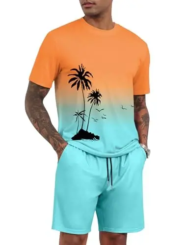 LecGee Men's 2 Piece Short Sleeve Tracksuit Tropical Graphic T Shirt Hawaiian Tee Solid Shorts Set Summer Casual Outfits - MODAZONE