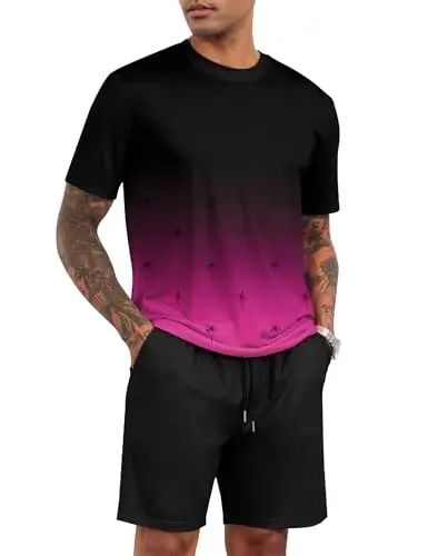 LecGee Men's 2 Piece Short Sleeve Tracksuit Tropical Graphic T Shirt Hawaiian Tee Solid Shorts Set Summer Casual Outfits - 1