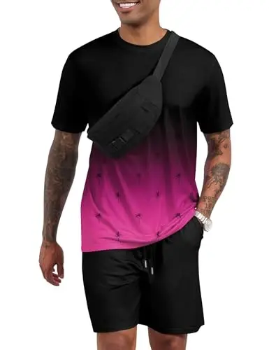 LecGee Men's 2 Piece Short Sleeve Tracksuit Tropical Graphic T Shirt Hawaiian Tee Solid Shorts Set Summer Casual Outfits - LECGEE (1)