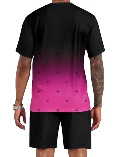 LecGee Men's 2 Piece Short Sleeve Tracksuit Tropical Graphic T Shirt Hawaiian Tee Solid Shorts Set Summer Casual Outfits - 3