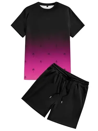LecGee Men's 2 Piece Short Sleeve Tracksuit Tropical Graphic T Shirt Hawaiian Tee Solid Shorts Set Summer Casual Outfits - 4