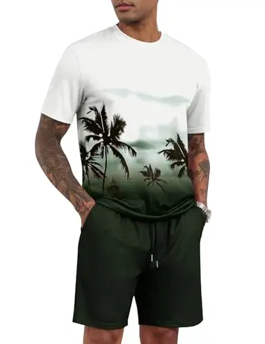 LecGee Men's 2 Piece Short Sleeve Tracksuit Tropical Graphic T Shirt Hawaiian Tee Solid Shorts Set Summer Casual Outfits - 1