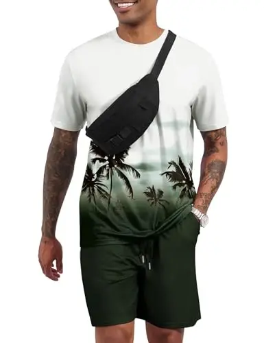 LecGee Men's 2 Piece Short Sleeve Tracksuit Tropical Graphic T Shirt Hawaiian Tee Solid Shorts Set Summer Casual Outfits - LECGEE (1)