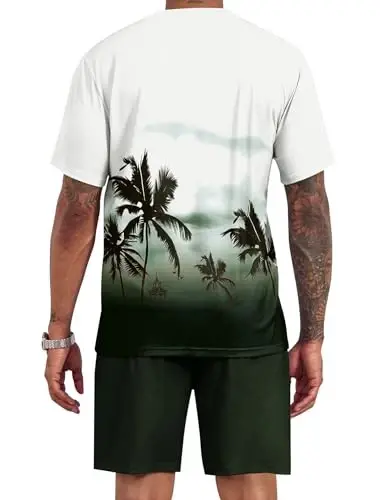 LecGee Men's 2 Piece Short Sleeve Tracksuit Tropical Graphic T Shirt Hawaiian Tee Solid Shorts Set Summer Casual Outfits - 3