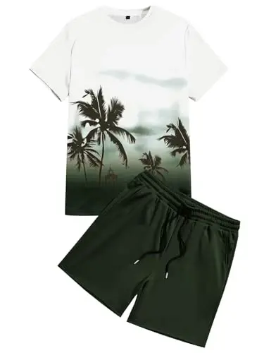 LecGee Men's 2 Piece Short Sleeve Tracksuit Tropical Graphic T Shirt Hawaiian Tee Solid Shorts Set Summer Casual Outfits - 4