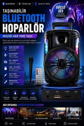 LED Bluetooth Party Speaker with Karaoke Microphone and Remote Control Sound System - 1