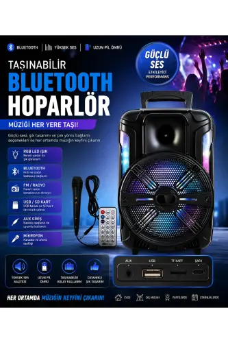 LED Bluetooth Party Speaker with Karaoke Microphone and Remote Control Sound System - 3