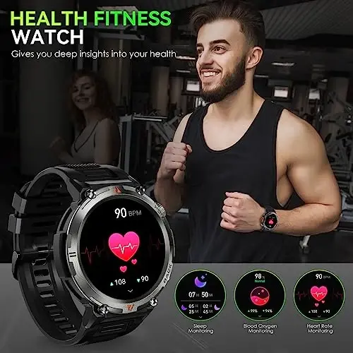 LED chiroqli harbiy aqlli soat, erkaklar uchun, 1,45 dyuymli HD mustahkam tashqi taktik aqlli soat (qo'ng'iroq qabul qilish/terish), fitnes trekeri, yurak urishi, uyqu monitoringi bilan iPhone Android telefon uchun sport soati - 6