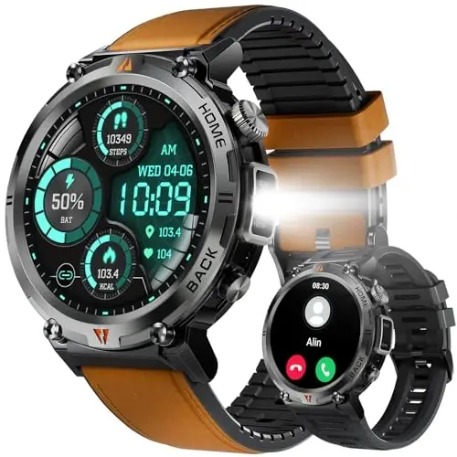 Military Smart Watch for Men with LED Flashlight, 1.45