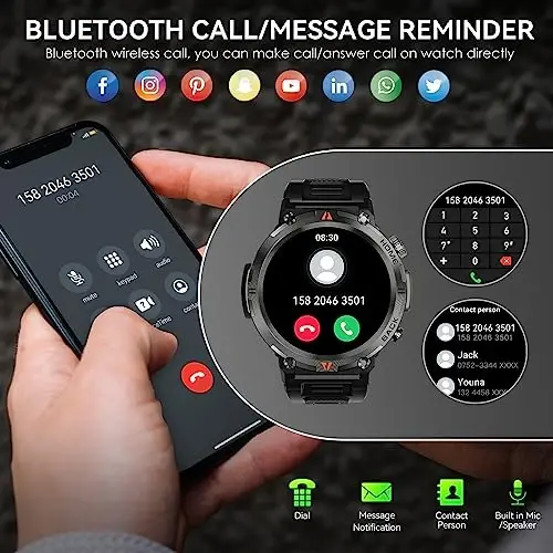 Military Smart Watch for Men with LED Flashlight, 1.45