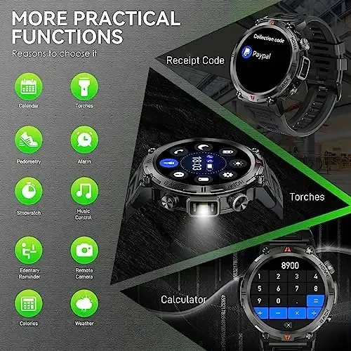 Military Smart Watch for Men with LED Flashlight, 1.45