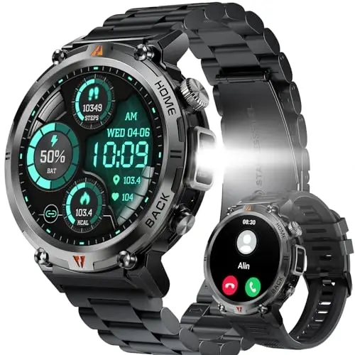 Military Smart Watch for Men with LED Flashlight, 1.45