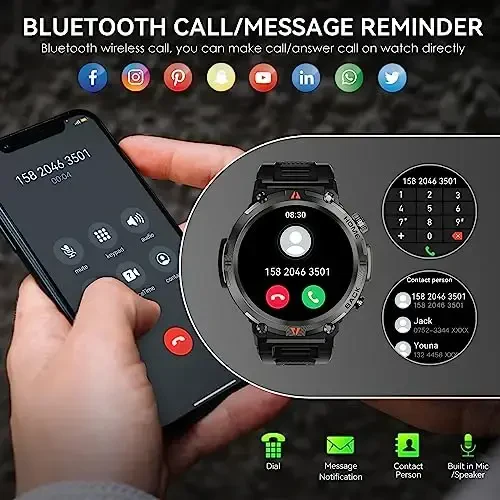 Military Smart Watch for Men with LED Flashlight, 1.45