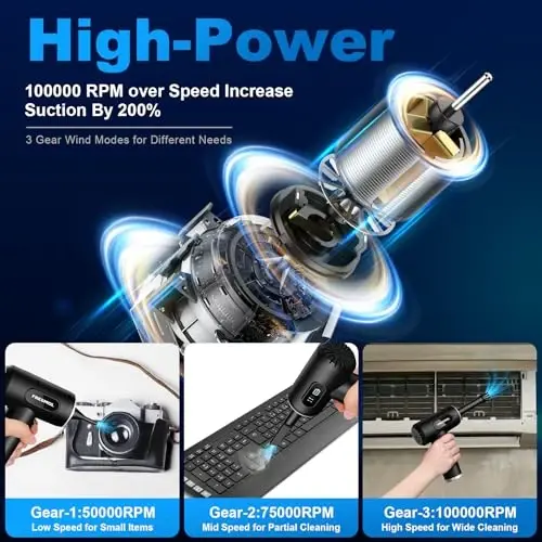 Compressed Air Duster-3 Gear Adjustable 100000RPM Electric Air Duster with LED Light, Rechargeable Cordless Air Blower for Keyboard Electric Devices Cleaning. Replaces Compressed Air Cans (Black) - 2