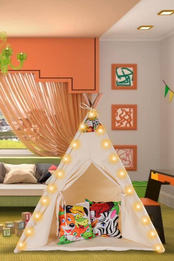 LED Lighted Forest Native American Play Tent Wooden Activity Area Thick Playhouse Girl Boy Toy - 4