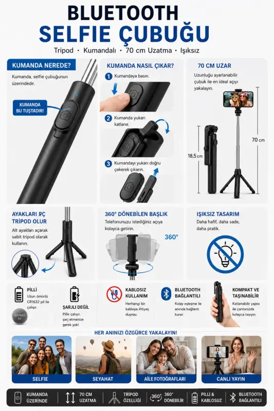 LED Selfie Stick with Bluetooth Remote Wireless Tripod Selfie Monopod - BSTBRANDSHOPPİNGTR