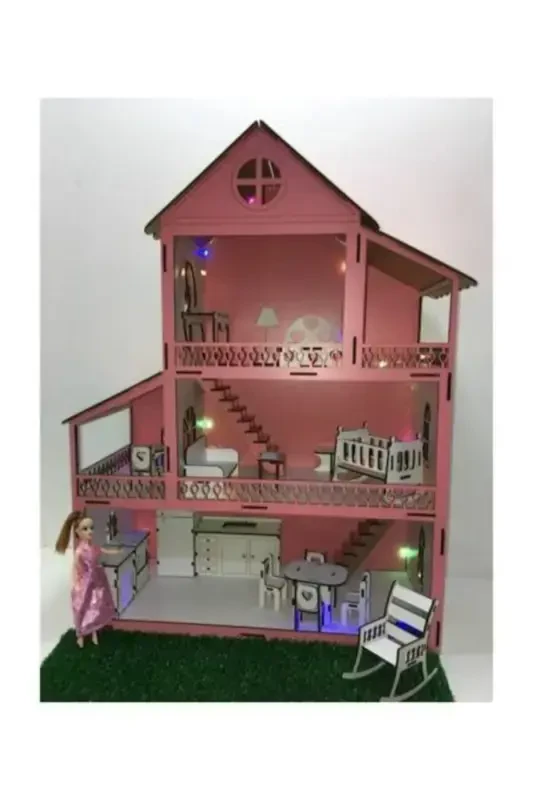 LED Yorug'likli Sovg'a bilan Birga Kelgan Yog'och Barbie Bebek O'yin Uyi - 4