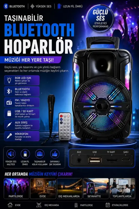 Bluetooth Parti Hoparlör Karaoke RGB Led Mikrofonlu Uzaktan Kumandalı Aux Ses Sistemi - siyah - RESOLUT