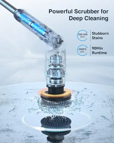 Leebein Electric Spin Scrubber, 2024 New Electric Scrubber with 4 Adjustable Angles and 8 Brush Heads, Shower Scrubber with Long Handle & Remote Control, Cleaning Brush for Bathroom, Tub, Floor(Black) - 3