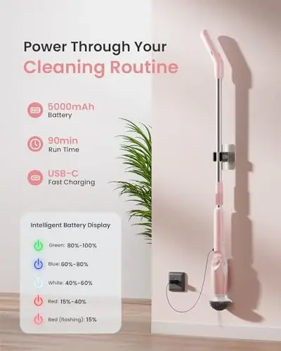 Leebein Electric Spin Scrubber, 4 ta sozlanishi mumkin bo'lgan burchak va 8 ta cho'tka kallaklari bilan dush tozalagichi, uzun tutqichli va masofadan boshqarish pulti bilan elektr tozalagich, hammom, küvet, pol uchun tozalash cho'tkasi (pushti) - 4