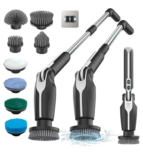 Leebein Electric Spin Scrubber, 2024 New Electric Scrubber with 4 Adjustable Angles and 8 Brush Heads, Shower Scrubber with Long Handle & Remote Control, Cleaning Brush for Bathroom, Tub, Floor(Black) - MODAZONE