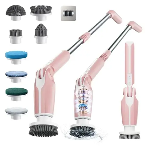 Leebein Electric Spin Scrubber, Shower Scrubber with 4 Adjustable Angles and 8 Brush Heads, Electric Scrubber with Long Handle & Remote Controller, Cleaning Brush for Bathroom, Tub, Floor (Pink) 