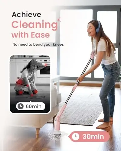 Leebein Electric Spin Scrubber, Shower Scrubber with 4 Adjustable Angles and 8 Brush Heads, Electric Scrubber with Long Handle & Remote Controller, Cleaning Brush for Bathroom, Tub, Floor (Pink) - LEEBEIN (1)