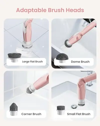Leebein Electric Spin Scrubber, Shower Scrubber with 4 Adjustable Angles and 8 Brush Heads, Electric Scrubber with Long Handle & Remote Controller, Cleaning Brush for Bathroom, Tub, Floor (Pink) - 5