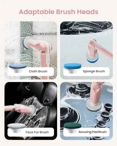 Leebein Electric Spin Scrubber, Shower Scrubber with 4 Adjustable Angles and 8 Brush Heads, Electric Scrubber with Long Handle & Remote Controller, Cleaning Brush for Bathroom, Tub, Floor (Pink) - 6