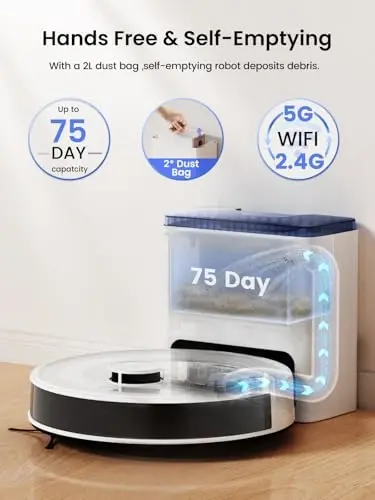 Lefant Robot Vacuum and Mop, 75-Day Self-Emptying, 6000Pa | Self-Emptying，LiDAR Navigation，PSD Obstacle Avoidance，130min Runtime， 2.4G/5G WiFi/Alexa/APP/iWatch - 3