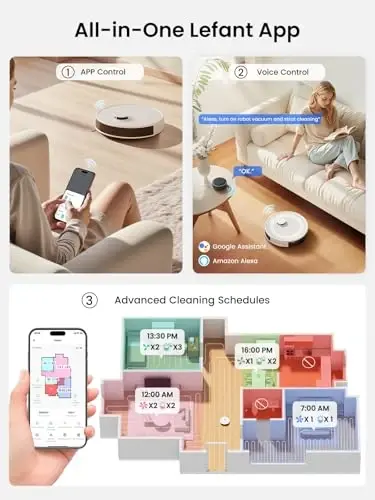 Lefant Robot Vacuum and Mop, 75-Day Self-Emptying, 6000Pa | Self-Emptying，LiDAR Navigation，PSD Obstacle Avoidance，130min Runtime， 2.4G/5G WiFi/Alexa/APP/iWatch - 6