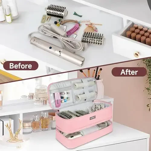 LEFOR·Z Travel Carrying Case Compatible with Shark Flexstyle Styler/FlexFusion/Hair Dryer,Double-Layer Hair Hot Tools Storage Bag Fits for Dyson Airwrap Styler/Supersonic Hair Dryer,Pink-Bag Only - 3