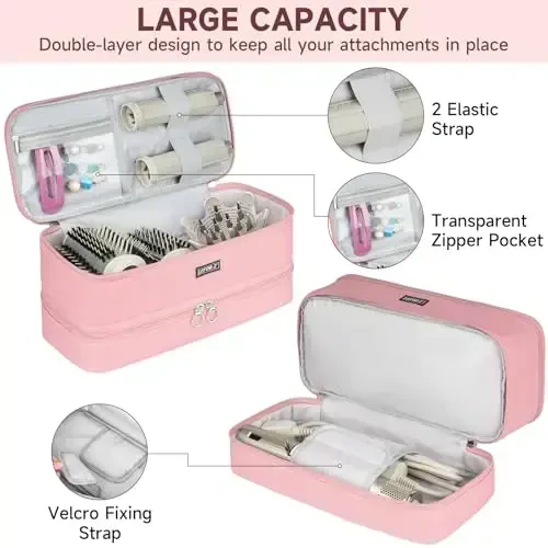 LEFOR·Z Travel Carrying Case Compatible with Shark Flexstyle Styler/FlexFusion/Hair Dryer,Double-Layer Hair Hot Tools Storage Bag Fits for Dyson Airwrap Styler/Supersonic Hair Dryer,Pink-Bag Only - 4