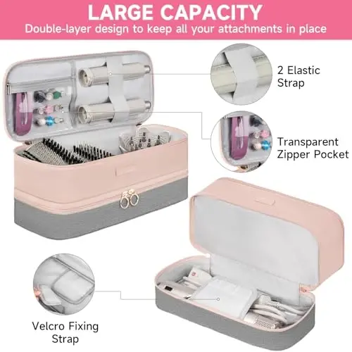 LEFOR·Z Travel Carrying Case Fits for Shark Flexstyle/FlexFusion/Hair Dryer,2-Layer Hot Tools Bag Fits for Shark Glam,Portable Hair Tools Bag Fits for Dyson Airwrap Styler/Supersonic,Light Pink+Grey - 3