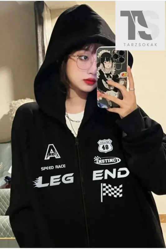 Leg End Race Sweatshirt Zippered Cardigan-Black legend - ADRIFT