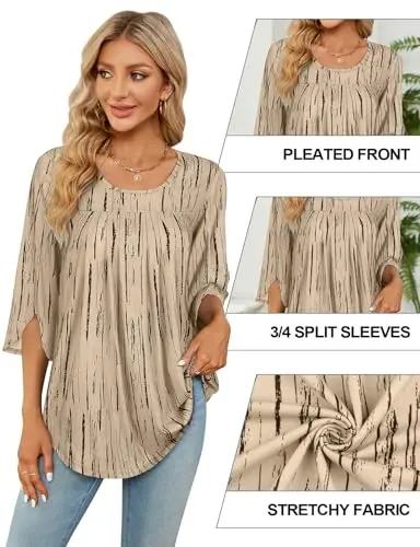 Viracy 3/4 Sleeve Tunic Tops to Wear with Leggings Crewneck Pleated Long Loose Fit Shirt Blouses - 5