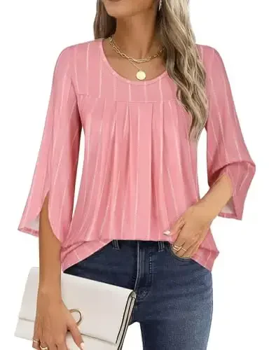 Viracy 3/4 Sleeve Tunic Tops to Wear with Leggings Crewneck Pleated Long Loose Fit Shirt Blouses - VIRACY (1)